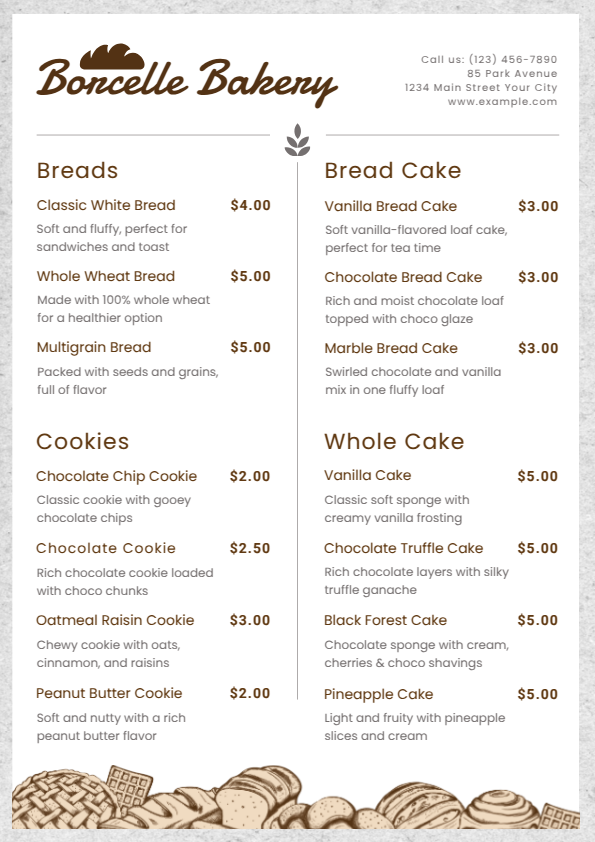 Minimalistic bakery menu template in vintage french style