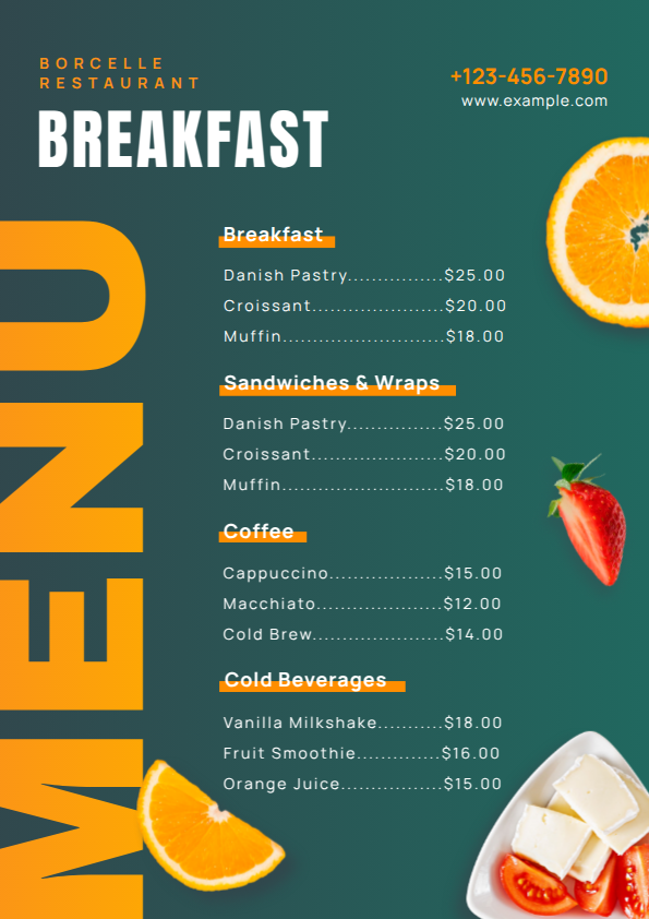 Sweet and Savory Breakfast and Juice Counter Menu Card Template