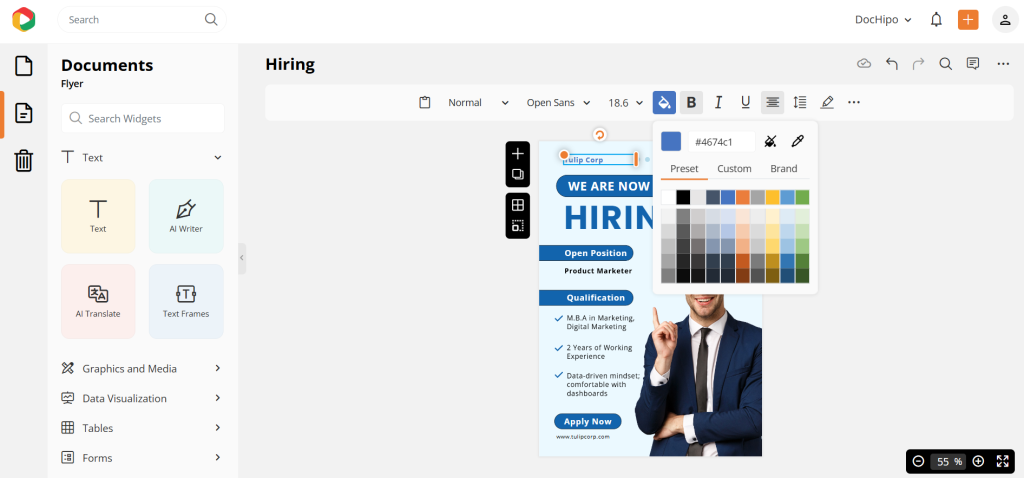Text customization in DocHipo