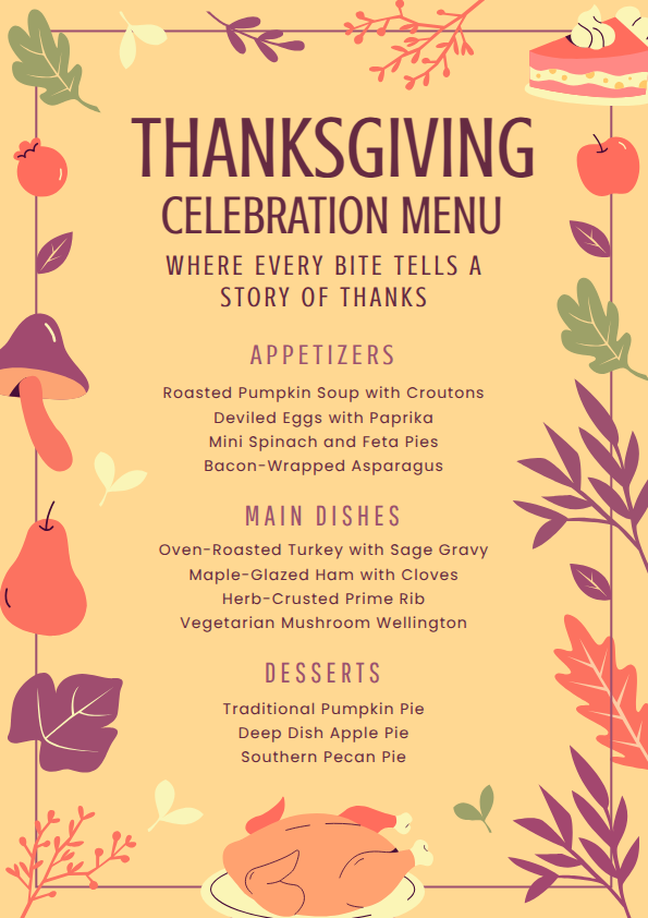 Thanksgiving menu card design in rustic colors and harvest-rich graphics