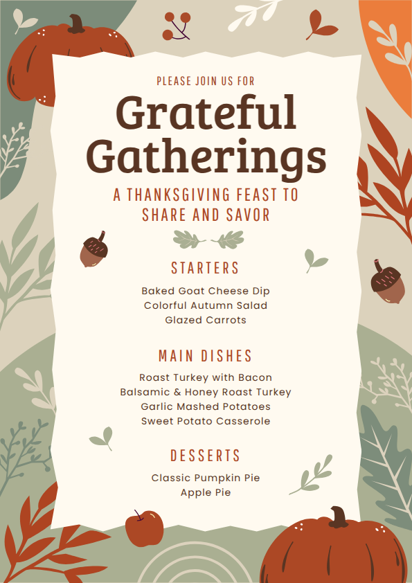 Thanksgiving menu card template in earthy colors for community gathering