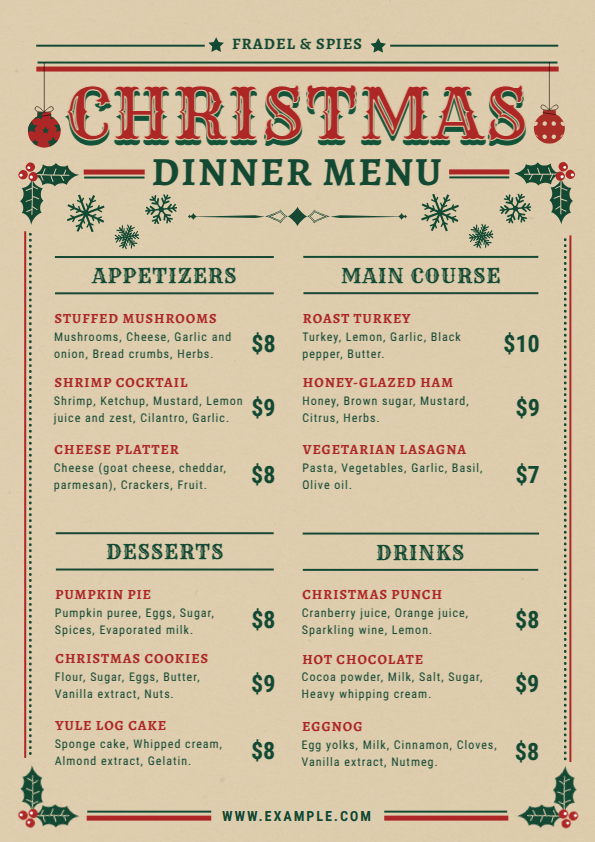 classic Christmas dinner menu design with vintage typography
