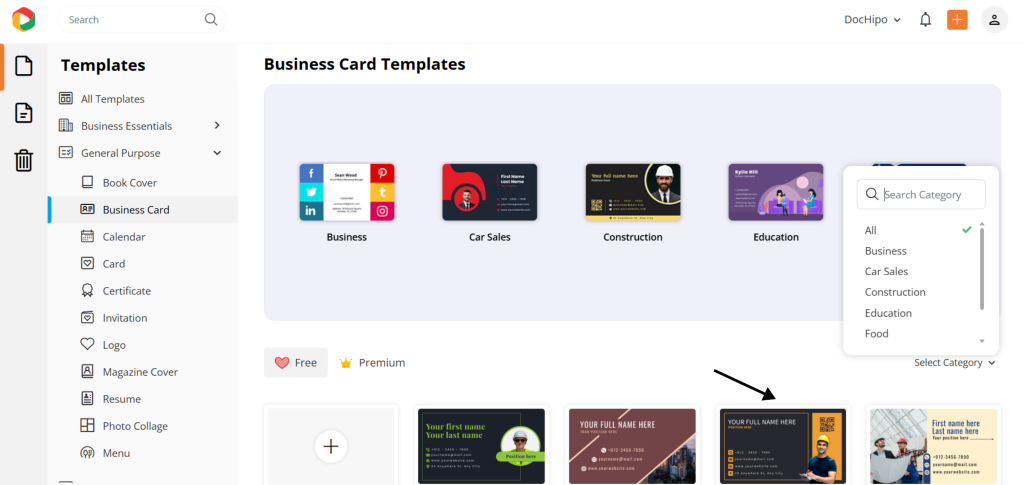 Choose your business card template in DocHipo tool
