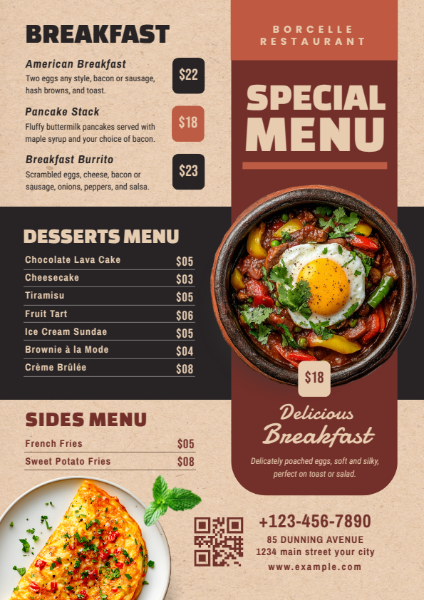 Example of readable, clean layout with DocHipo breakfast menu template