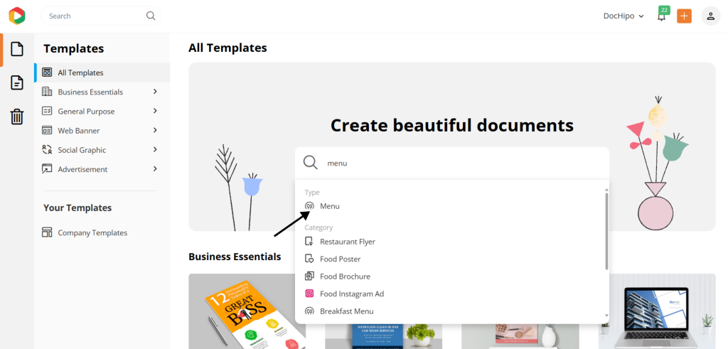 How to search menu card template in DocHipo