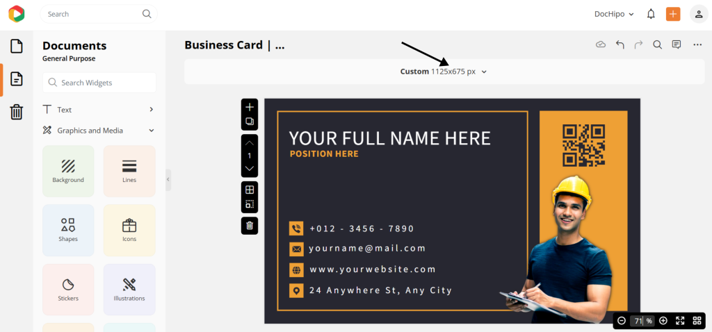 Standard business card dimensions in DocHipo
