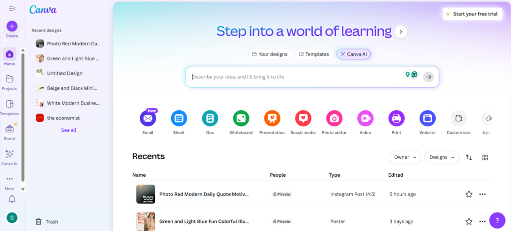 Canva interface- VistaCreate vs Canva Canva interface- VistaCreate vs Canva