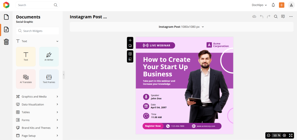 Chosen DocHipo IG webinar post to showcase AI Writer