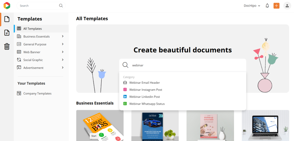 DocHipo search box for webinar templates