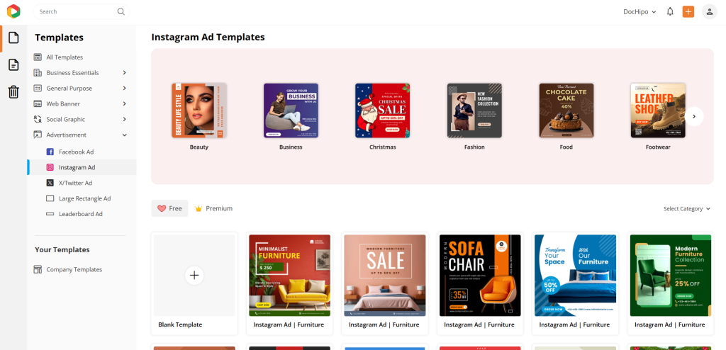 Instagram ad templates library in DocHipo