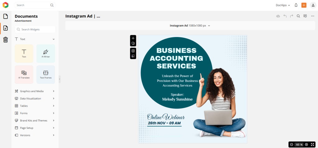 Selected IG ad template for editing with AI writer