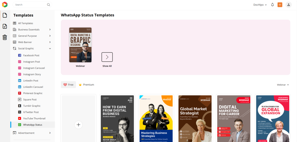 Webinar WhatsApp Status Template Library in DocHipo