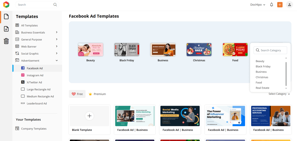 Canva vs Prezi vs DocHipo template category options