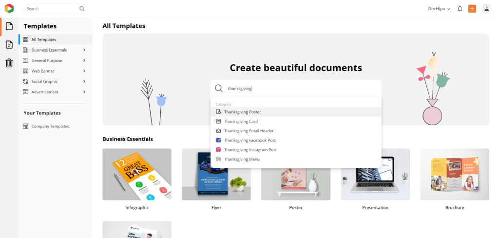 Find Thanksgiving poster templates in the DocHipo search bar