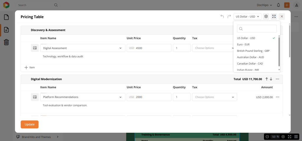 Pricing table details in DocHipo proposal maker
