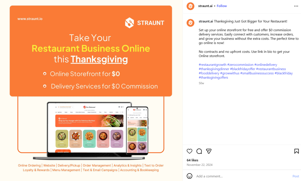Thanksgiving post example for promoting discounts and limited offers