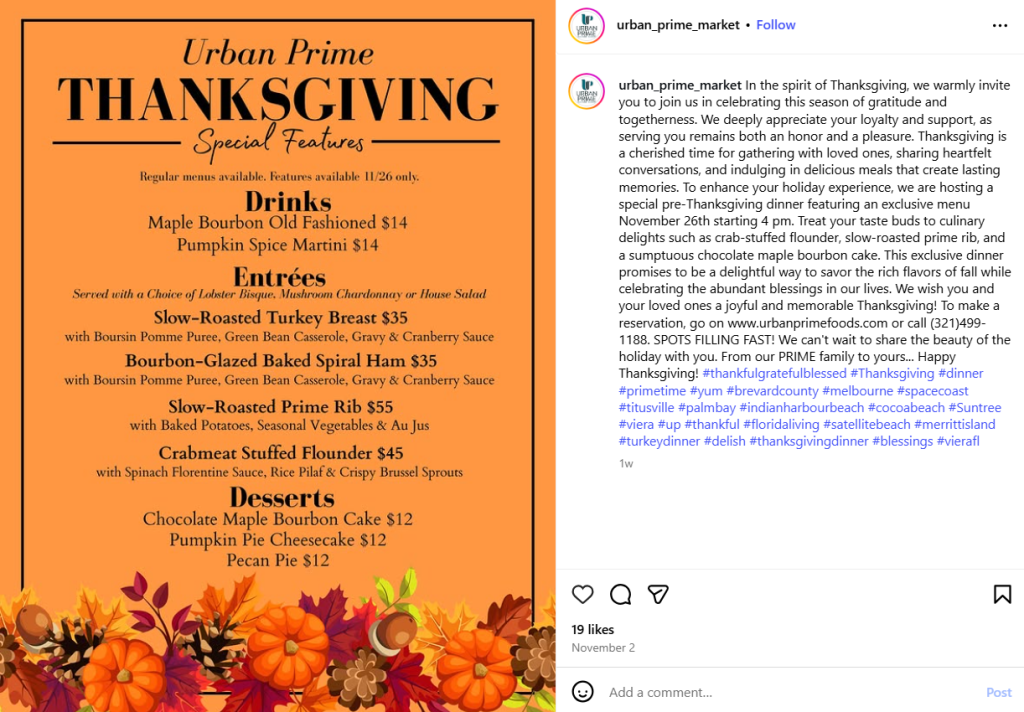 Thanksgiving social media post with menu 