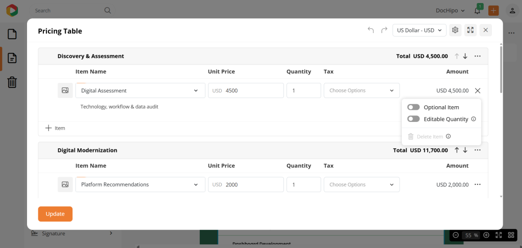 DocHipo pricing table for proposal