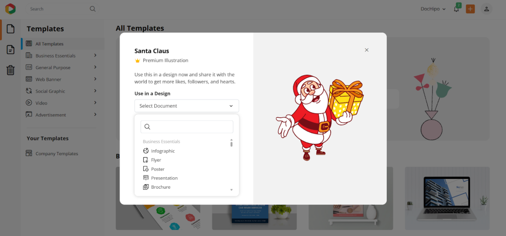 Choose a document format from the dropdown menu in DocHipo