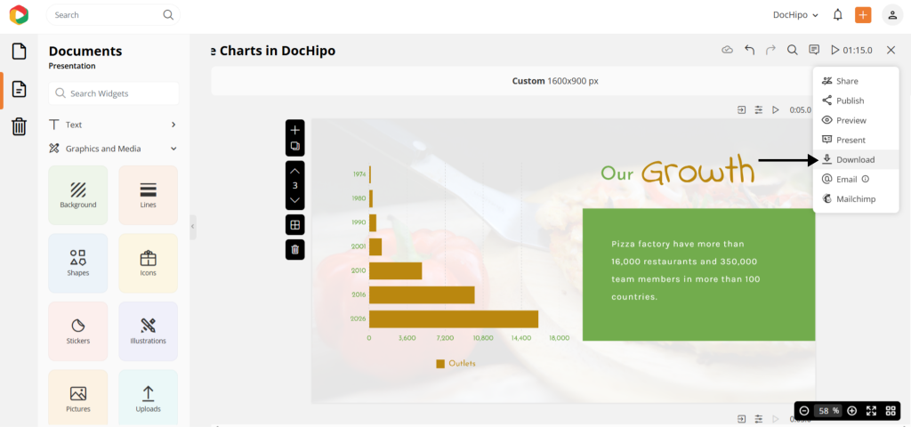 Find the download option in the DocHipo editor