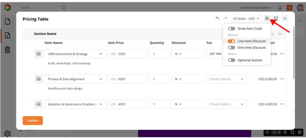 consulting proposal pricing table