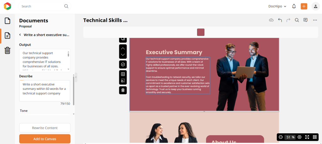 DocHipo AI writer feature: DocHipo vs Proposify vs PandaDoc