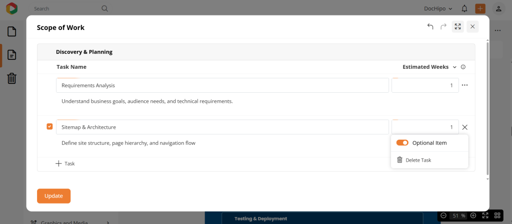 DocHipo Scope of Work Table with Advanced Functions