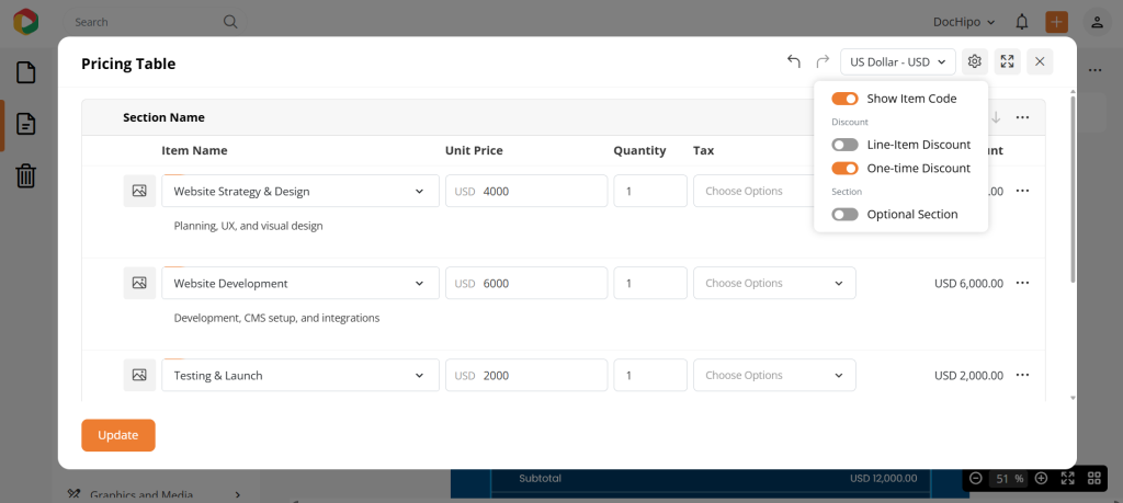 DocHipo interactive pricing table