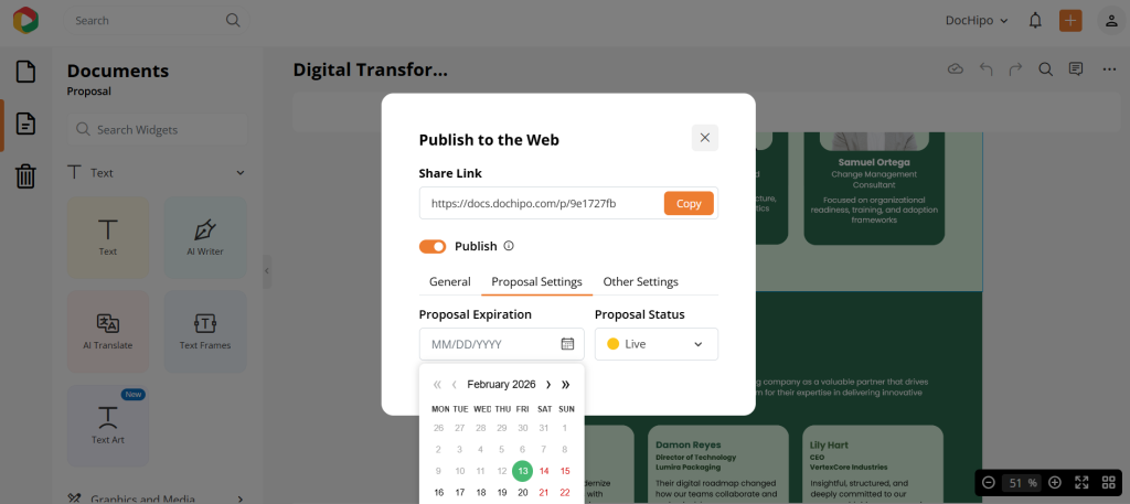 DocHipo proposal publishing and shareability settings