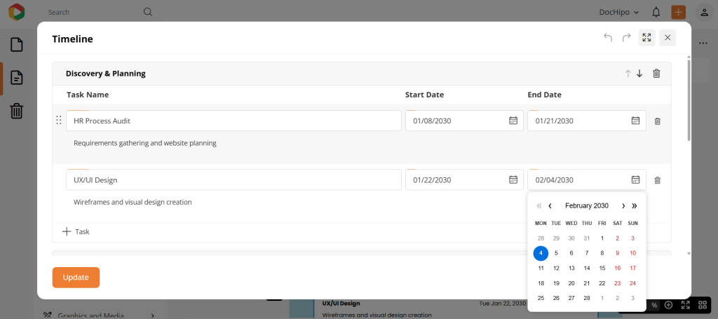 DocHipo timeline table for proposal writing
