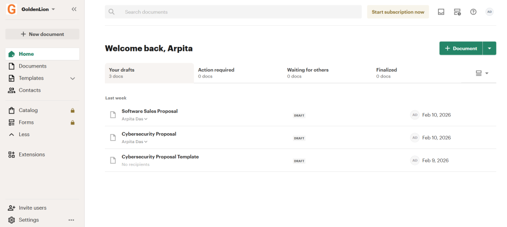 PandaDoc dashboard for making proposals: Proposify vs PandaDoc vs DocHipo