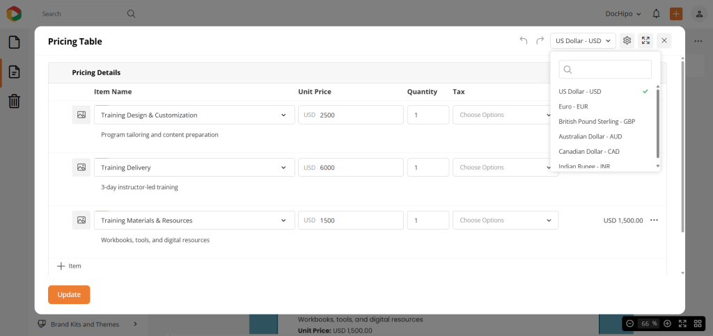 Pricing table in DocHipo