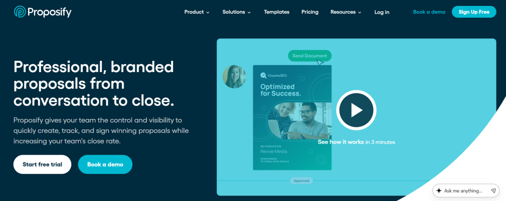 Proposify homepage for sign up