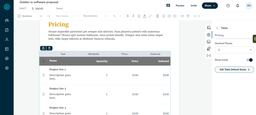 Proposify pricing table