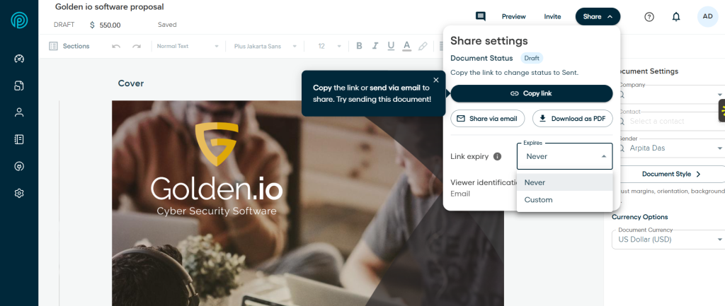 Proposify- proposal share options