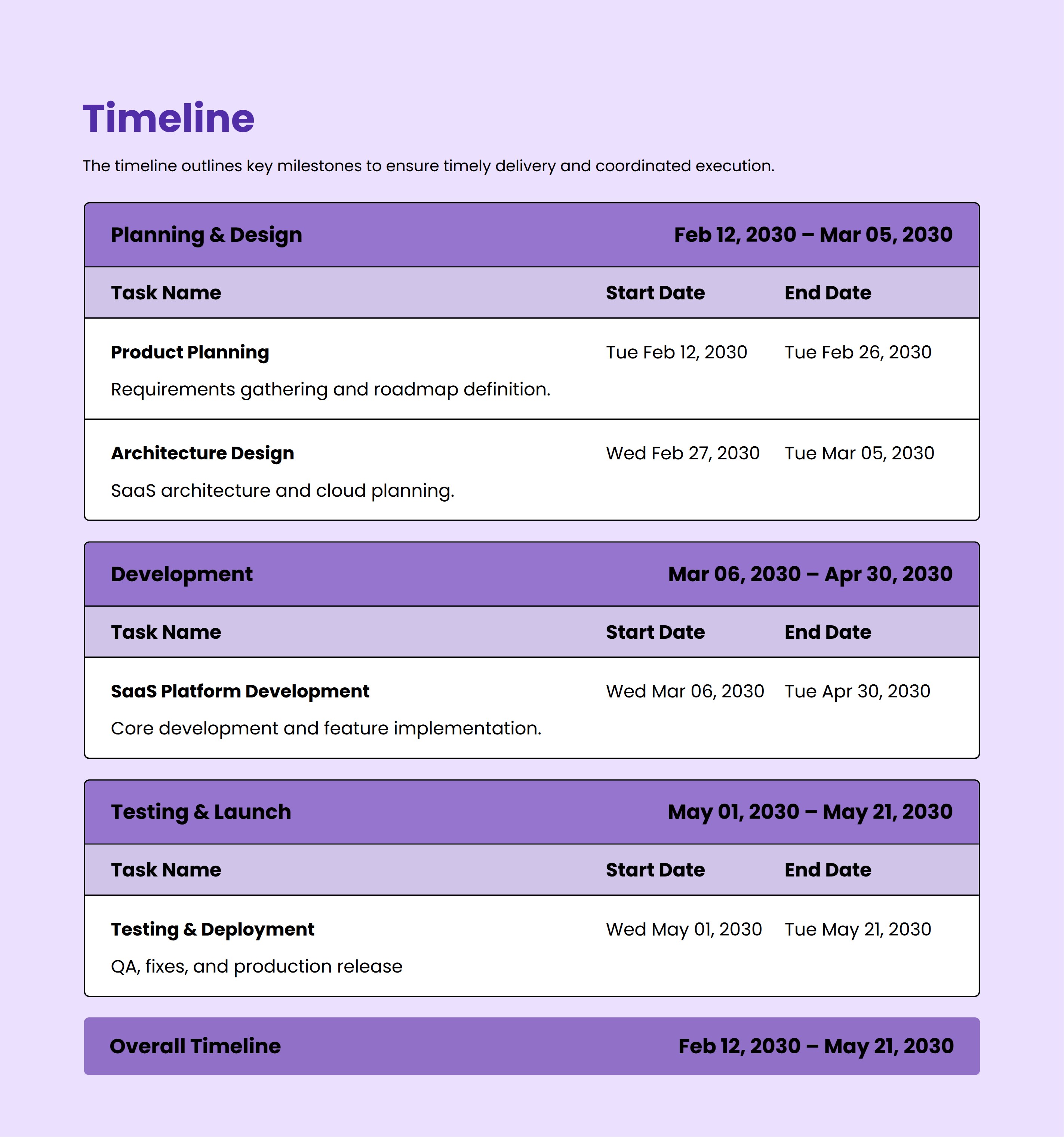 SaaS Product Development Proposal Timeline outline