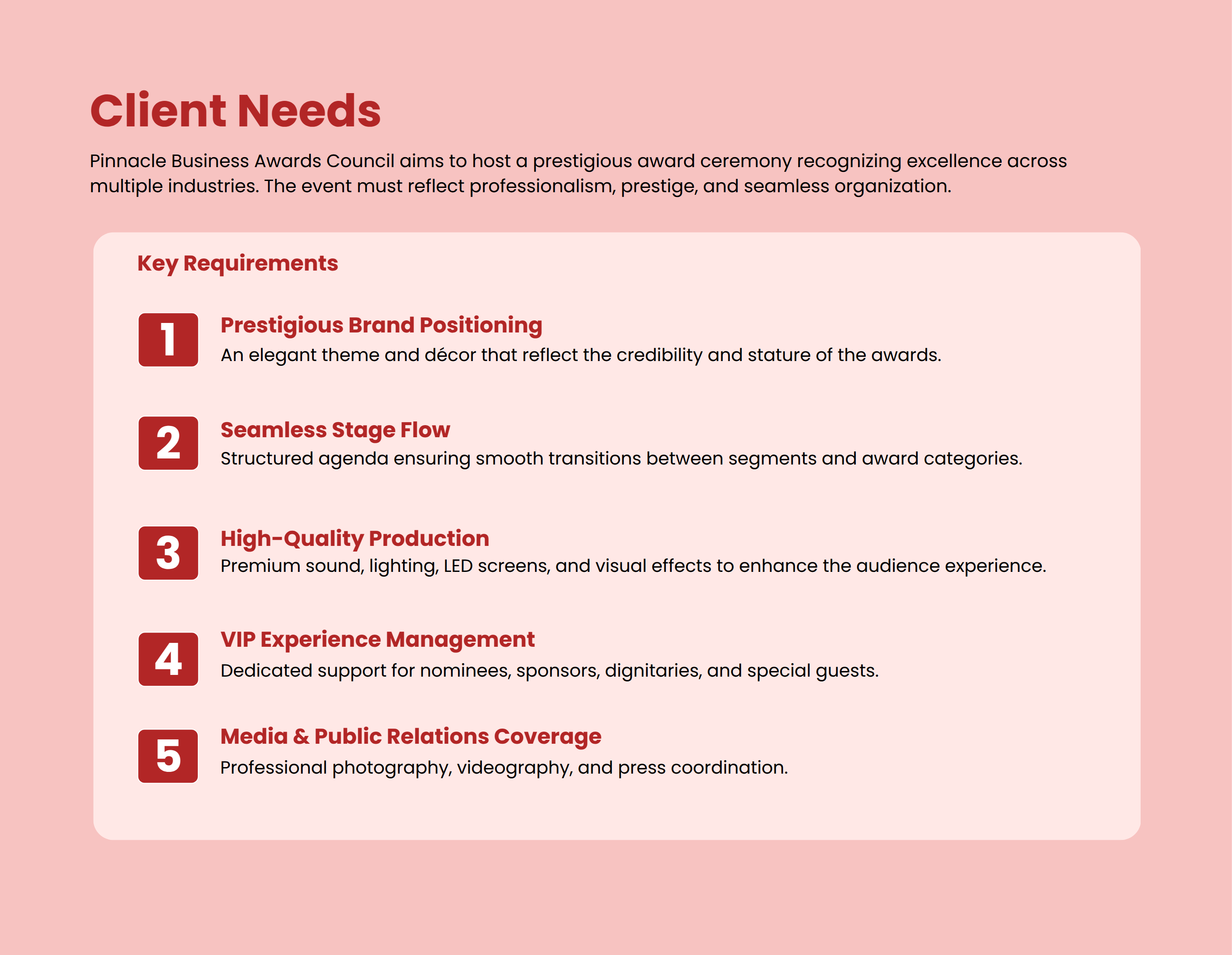 Award Ceremony Proposal Client Needs