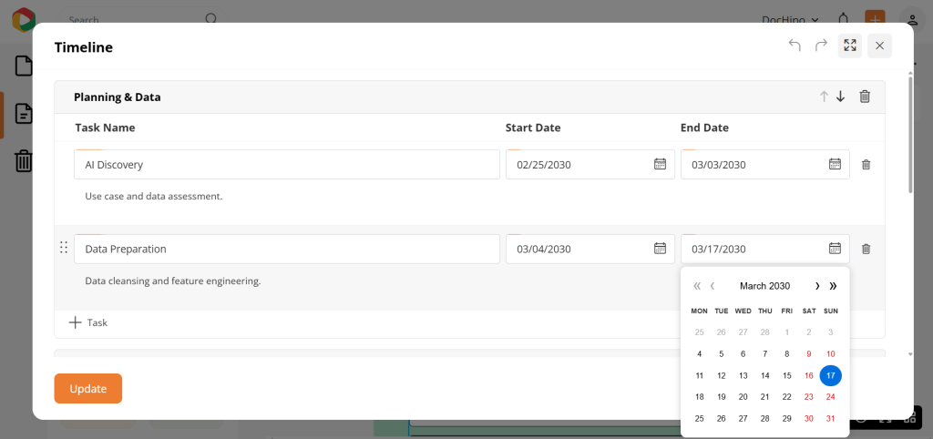 DocHipo Timeline table for proposals