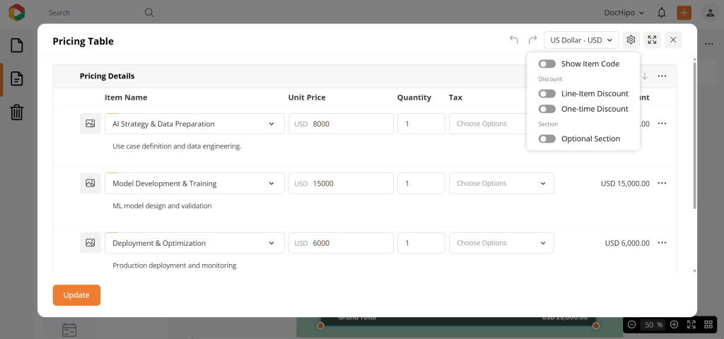 DocHipo pricing table customization