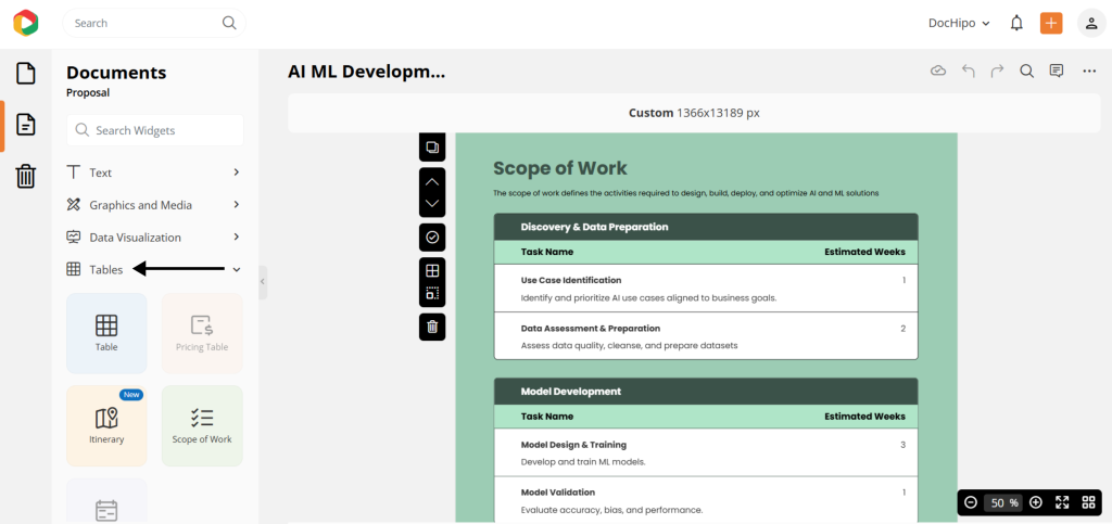DocHipo tables to present scope of work of your proposal