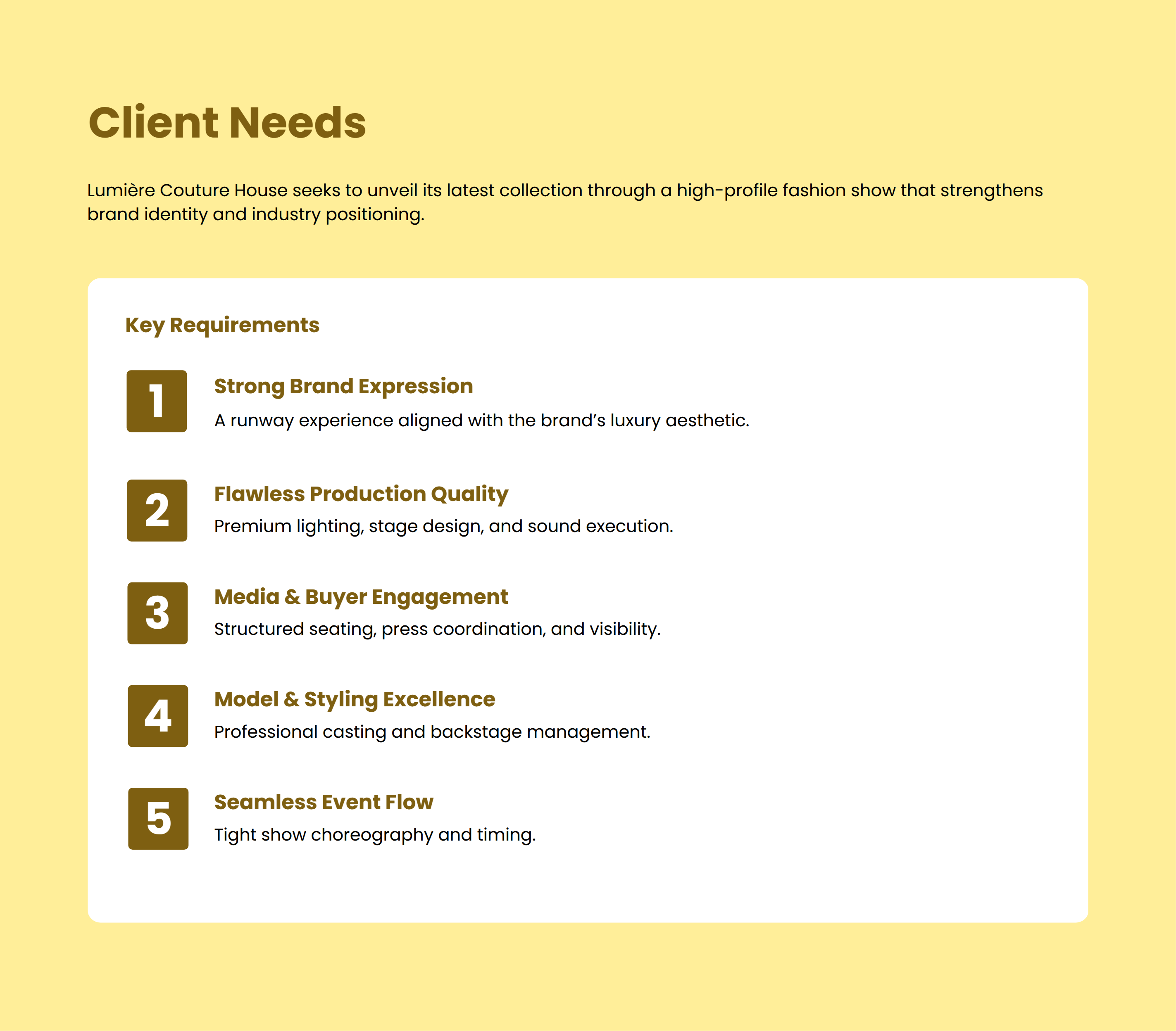 Fashion Show Proposal Client Needs Section