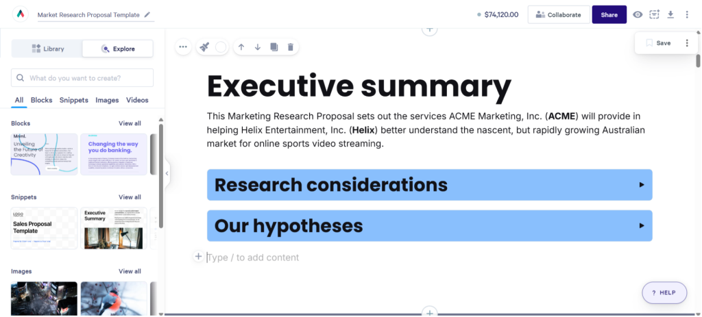 Proposal software for conslutants: Qwilr