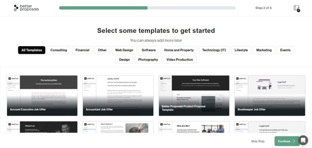 Better Proposals onboarding and templates