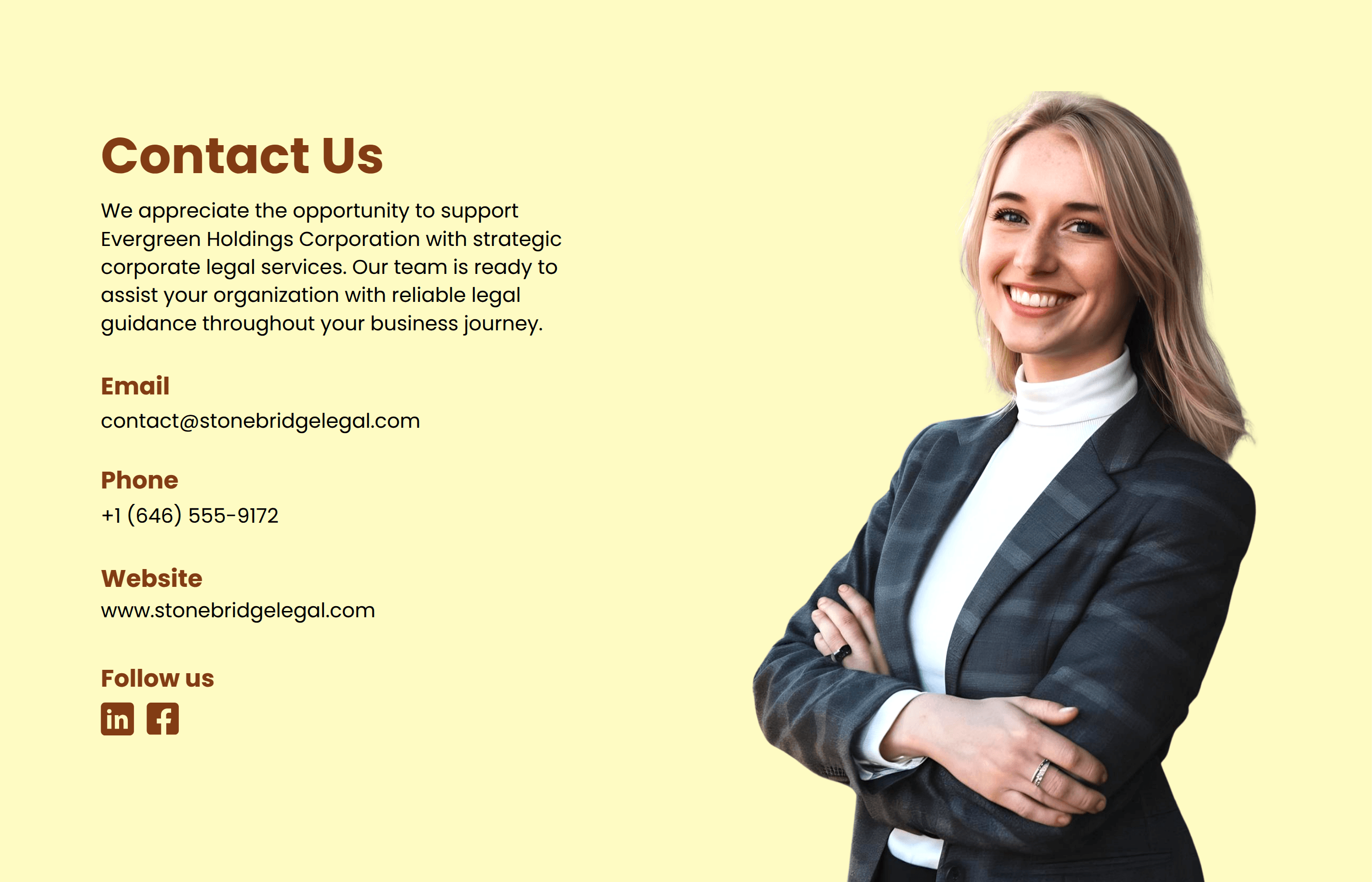 Corporate Law Services Proposal with a Contact Page and CTA