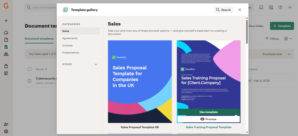 PandaDoc template gallery