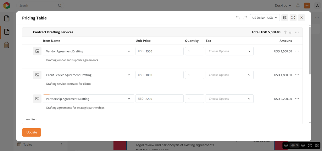 Pricing table in DocHipo