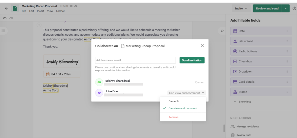 PandaDoc collaboration settings